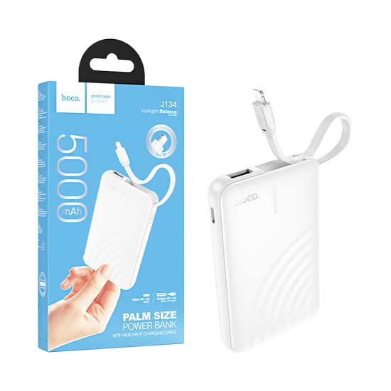 Hoco Power Bank J134 Strong with 2-in-1 USB Port+Lightning Cable 5000mAh White